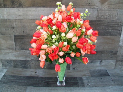 Spring Memorial Cemetery Cone Floral Arrangement with Peach & Coral Tulips