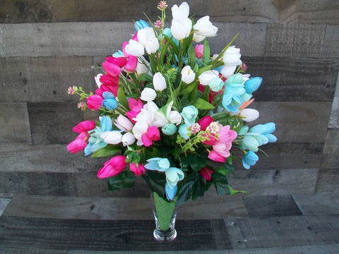 Spring Memorial Cemetery Cone Floral Arrangement with Multicolored Tulips