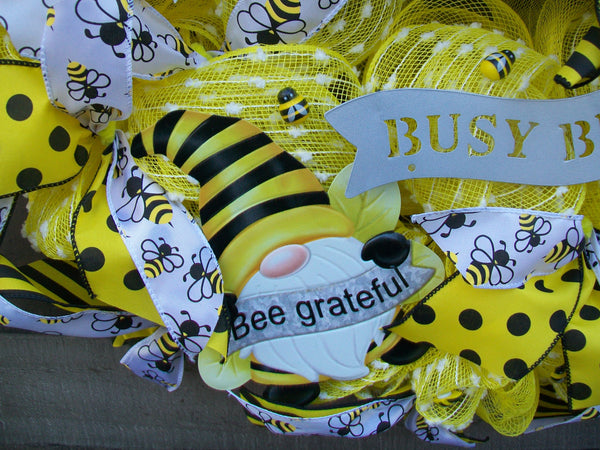 Spring Summer Handmade Yellow and Black Bumblebee Mesh Front Door Wreath