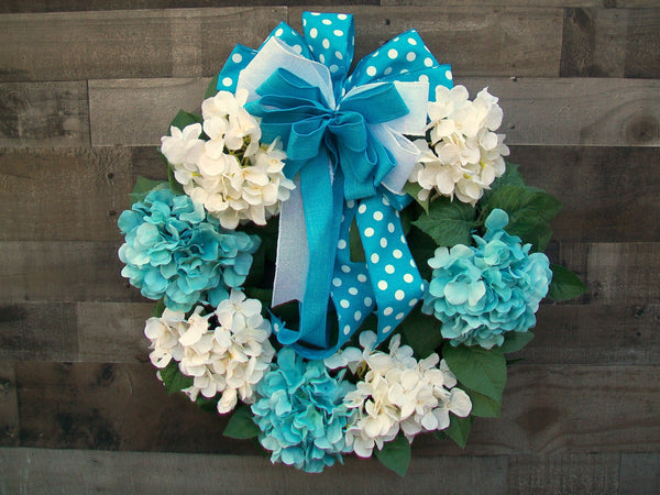 Spring Turquoise & White Hydrangea Grapevine Front Door Wreath