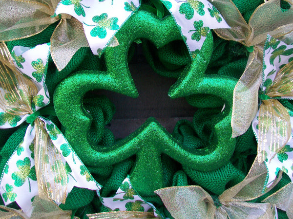 Green & Gold St. Patrick's Day Spring Shamrock Deco Burlap Front Door Wreath