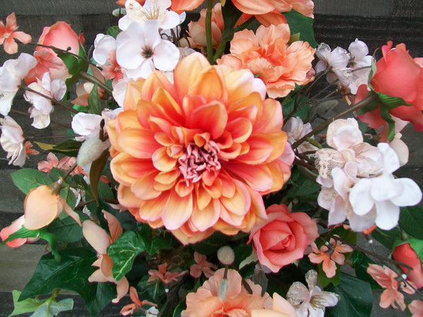 Spring Summer Peach Flowers Cemetery Cone Gravesite Floral Arrangement