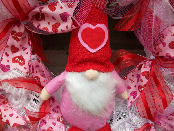 Pink Red Gnome Valentine's Day Deco Mesh Front Door Wreath with Hearts
