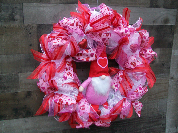 Pink Red Gnome Valentine's Day Deco Mesh Front Door Wreath with Hearts