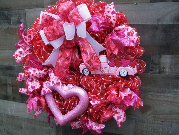 Fluffy Pink & Red Valentine's Day Deco Mesh Front Door Wreath