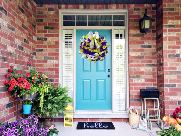 Happy Easter Purple Yellow Pink Mesh Wreath with Bow