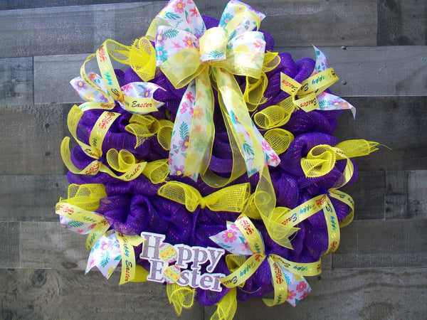 Happy Easter Purple Yellow Pink Mesh Wreath with Bow
