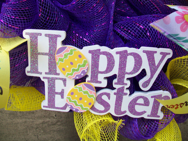 Happy Easter Purple Yellow Pink Mesh Wreath with Bow