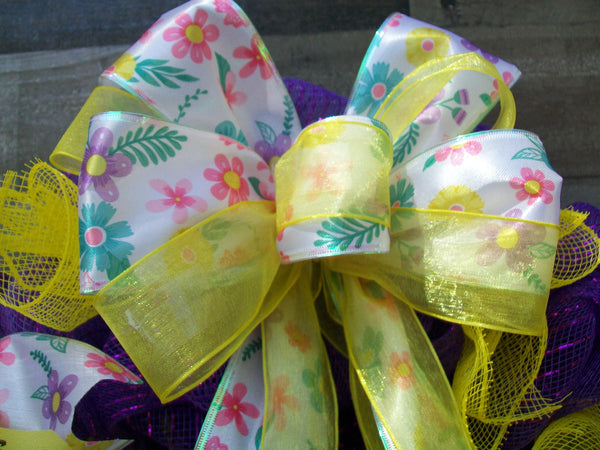 Happy Easter Purple Yellow Pink Mesh Wreath with Bow