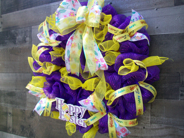 Happy Easter Purple Yellow Pink Mesh Wreath with Bow