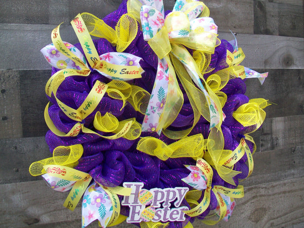 Happy Easter Purple Yellow Pink Mesh Wreath with Bow