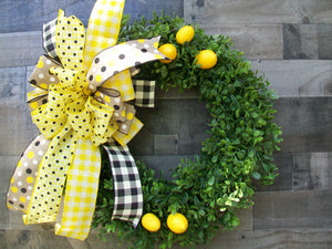 Spring Yellow Black Buffalo Plaid Boxwood Lemons Front Door Wreath with Large Bow
