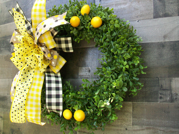 Spring Yellow Black Buffalo Plaid Boxwood Lemons Front Door Wreath with Large Bow